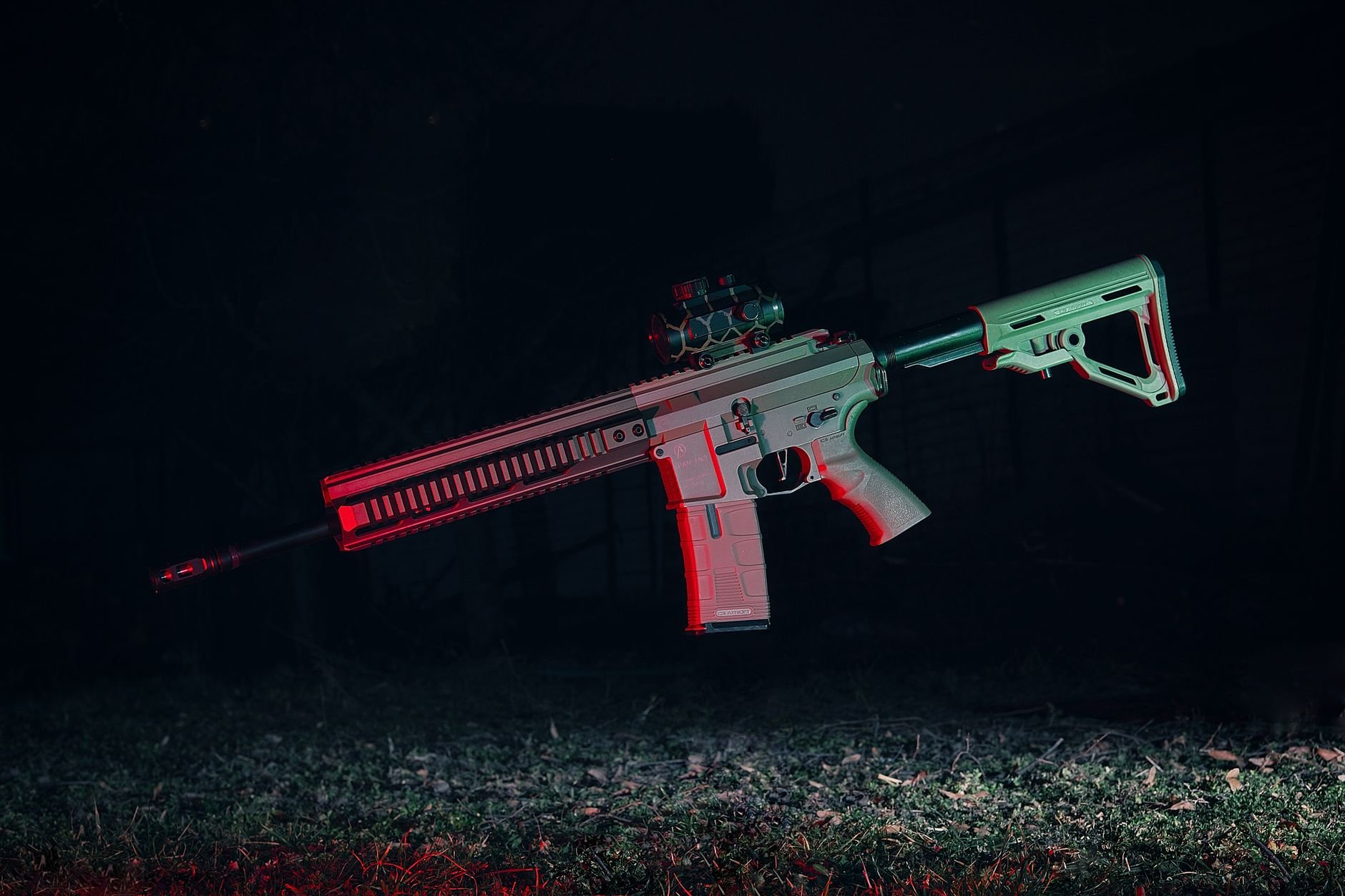 Airsoft rifle in midair with dynamic lighting and dark backdrop